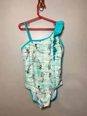 Hilor Girls Mermaid One-Piece Swimsuit | Size 10-12 Large | Teal Ruffle